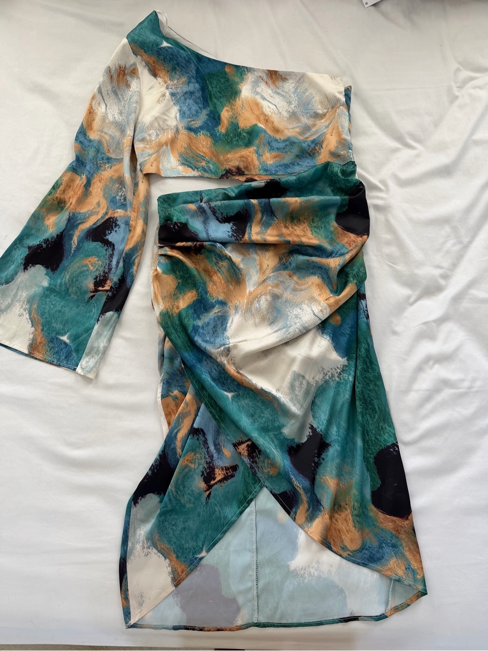 Fashion Nova Teal, Cream & Rust Asymmetrical Midi Skirt
